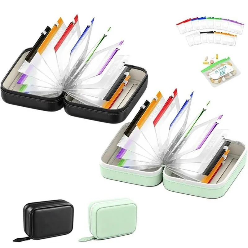 Waterproof Pill Pouch Set with Writable Labels - 14 Color-Coded Travel Medication Organizers