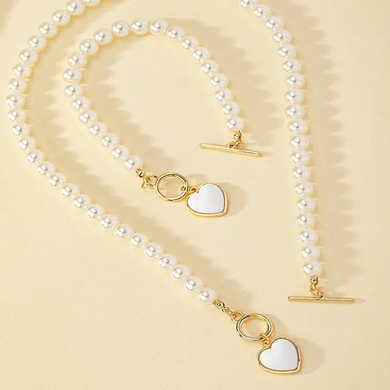2-Piece Pearl Necklace and Bracelet Jewelry Set for Women