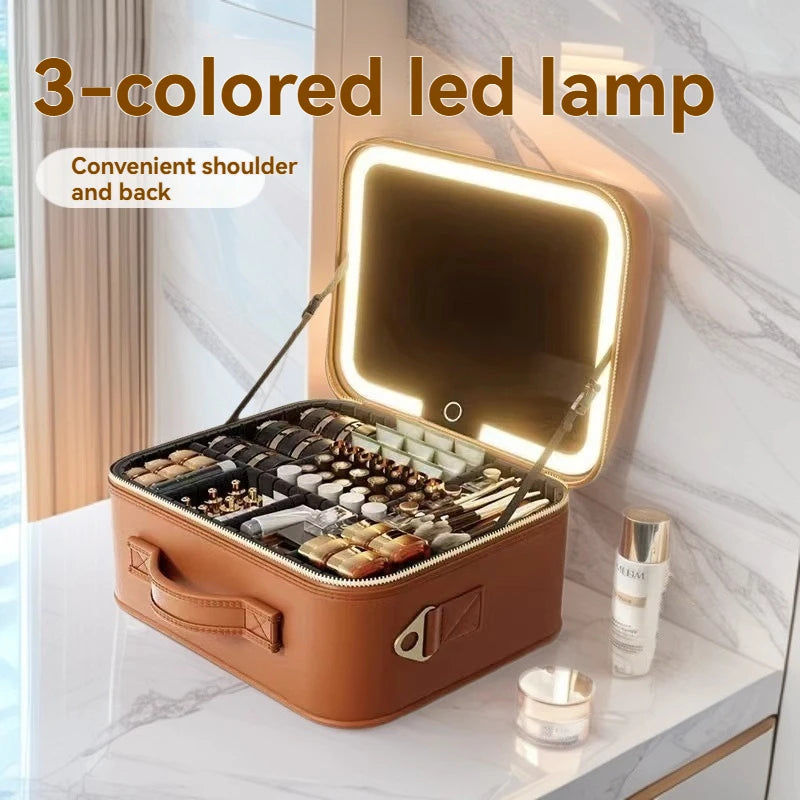 Portable LED Makeup Mirror Train Case Large Capacity Cosmetic Organizer with Brush Holder
