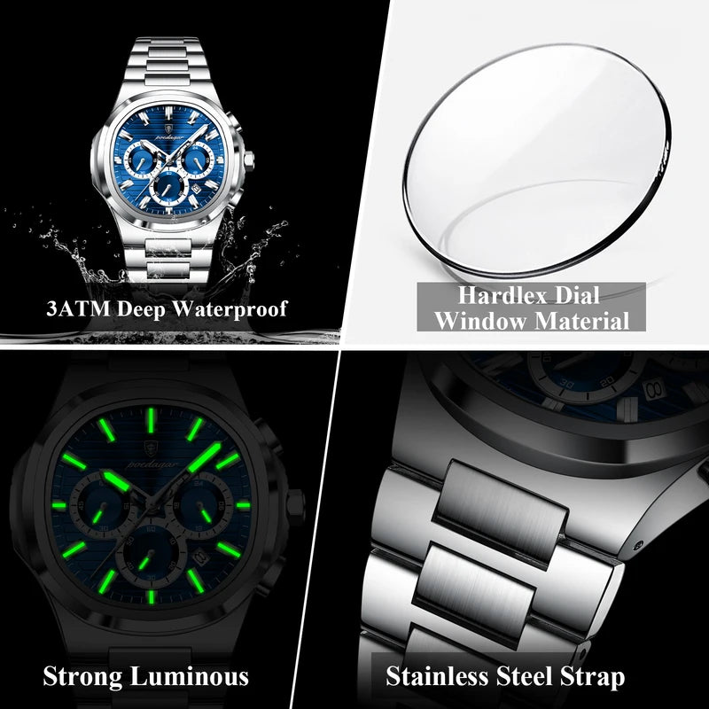 Men's Waterproof Chronograph Wristwatch with Luminous Dial and Date - Stainless Steel