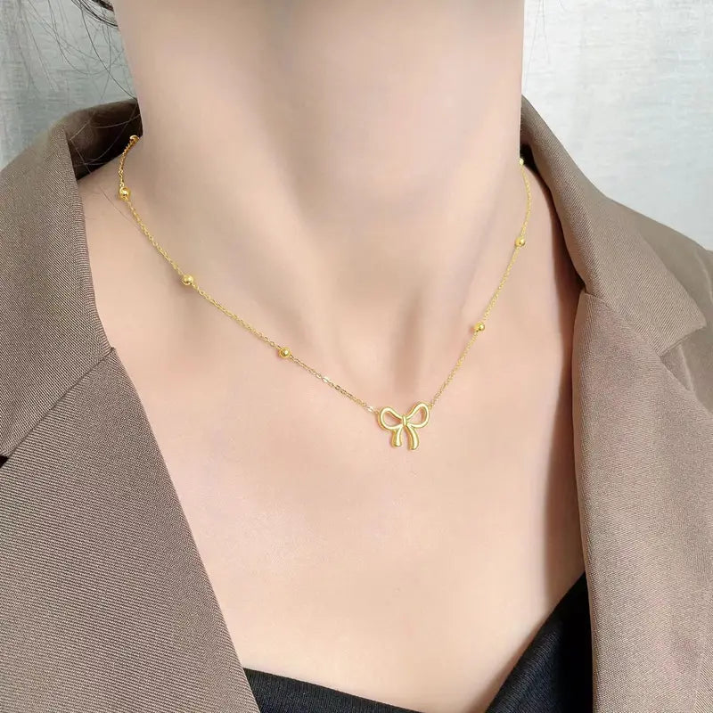 Stainless Steel Bow Charm Necklace & Jewelry Set for Women and Girls - Trendy Party Gift