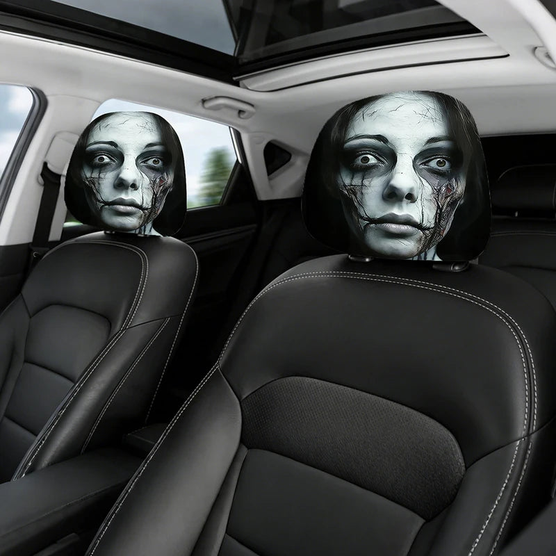 Halloween Ghost Face Car Headrest Covers Set of 2 - Washable Elastic Fabric, Universal Fit
