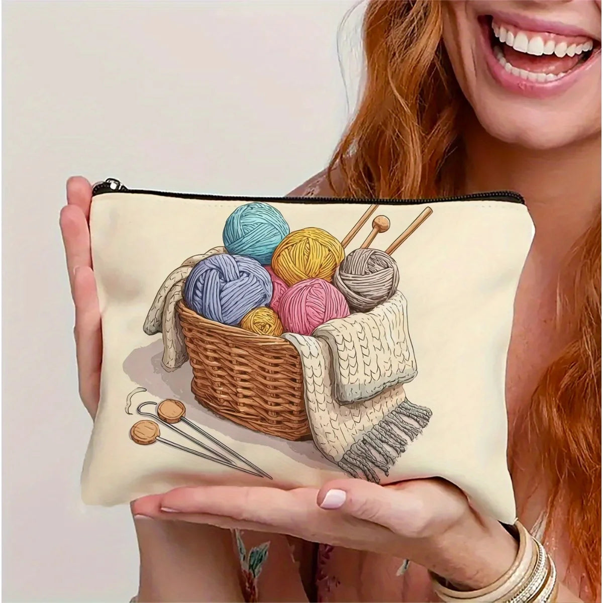 Yarn Pattern Makeup Bag - Travel Cosmetic Organizer with Zipper, Jewelry Storage