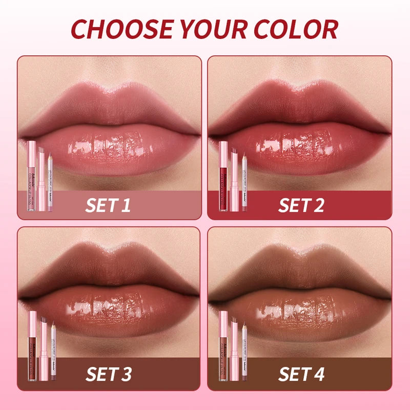 3-Piece Lip Makeup Set with Lip Liner Lip Gloss and Lipstick - Long-Lasting Hydrating Travel Mini Kit