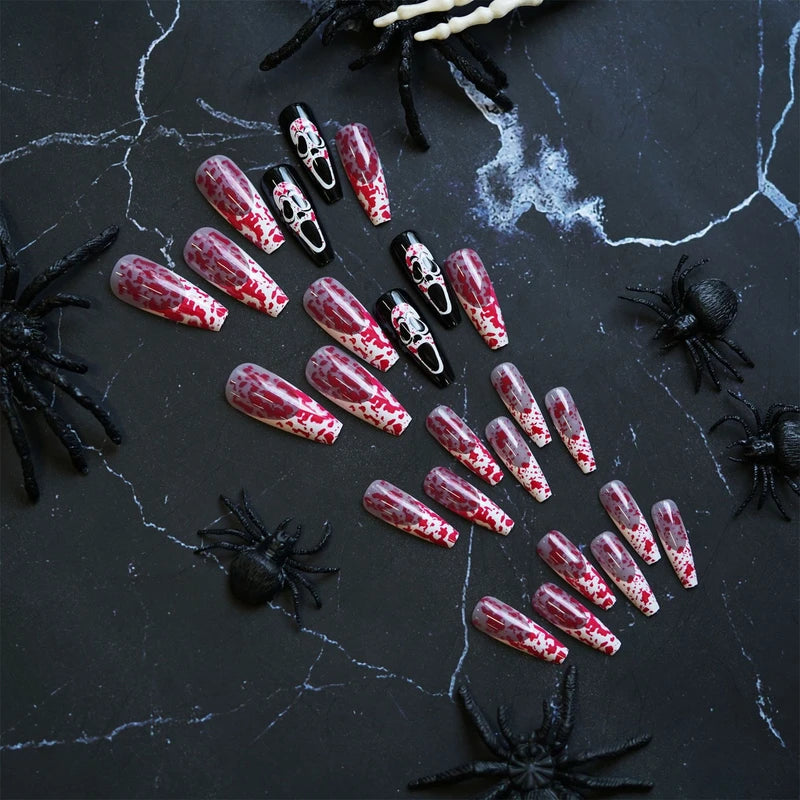 Blood Color Halloween Fake Nails Set - Long Coffin Style with Ghost Face Print