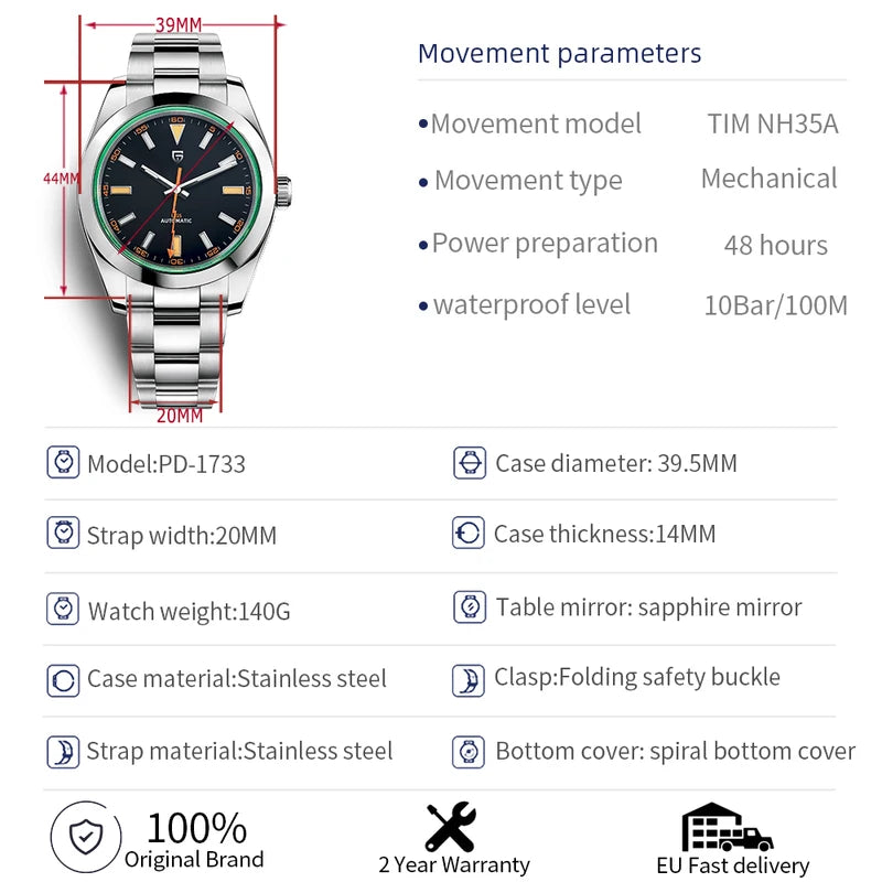 Luxury Automatic Mechanical Wristwatch for Men - Green Glass AR Sapphire Crystal
