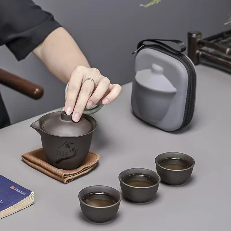 Portable Ceramic Tea Set with 3 Cups and Storage Bag - Camping & Travel