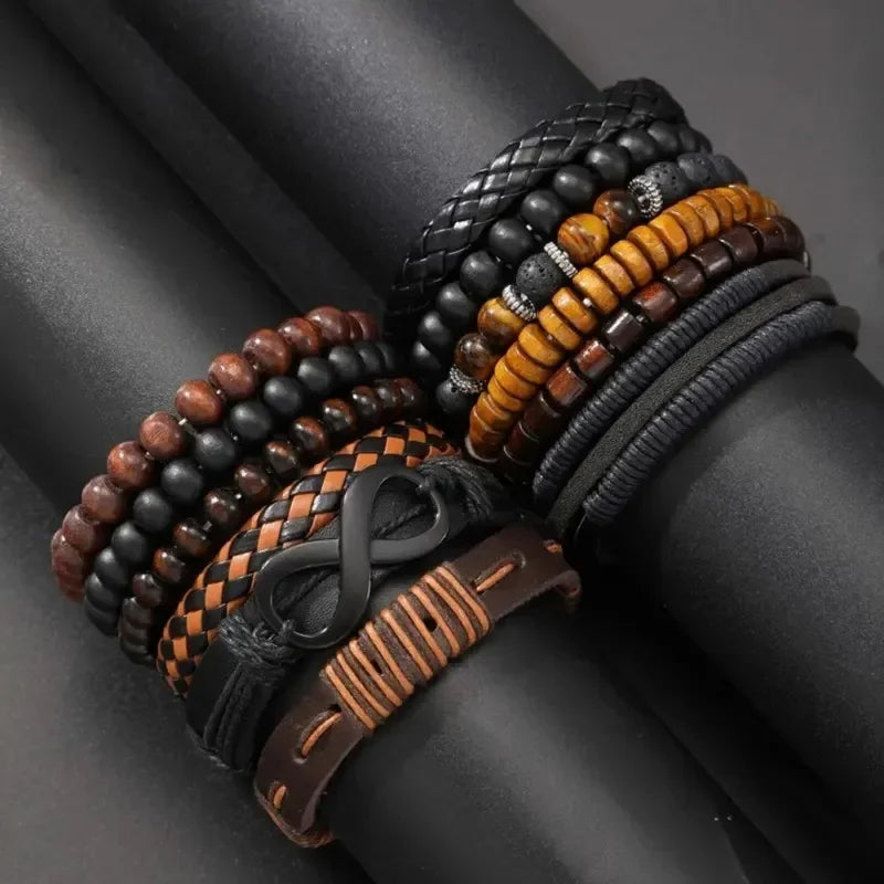 12Pcs Vintage Woven Faux Leather Beaded Bracelets Set for Casual and Party Wear
