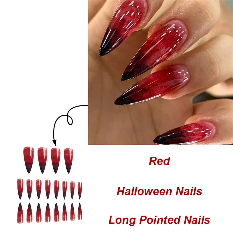 24Pc Halloween Fake Nails Set with Blood Skull Spider Design - Almond Shape, Detachable, Long Acrylic Tips