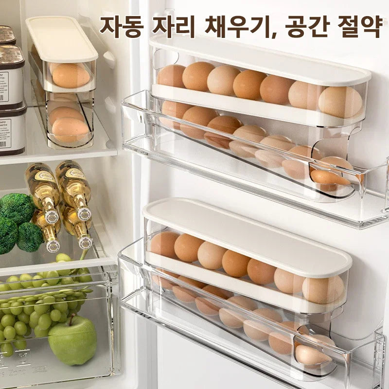 Bi-Layer Egg Storage Box with Automatic Rolling Rack - Refrigerator Egg Organizer