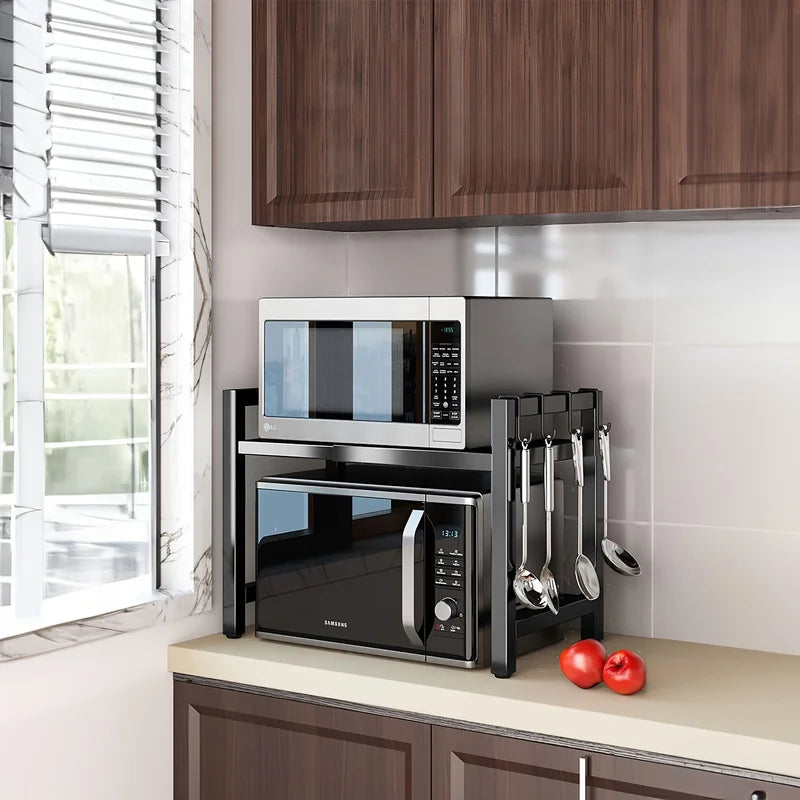 Expandable Microwave Shelf with Hooks, Space-Saving Kitchen Storage Rack 40-64cm