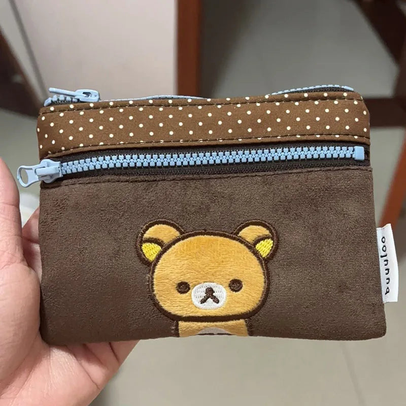 Cute Embroidered Bear Pencil Case with Polka Dots - Storage Bag & Coin Purse