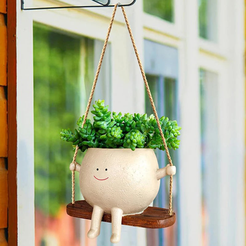 Wall Hanging Face Plant Pot - Resin Swing Planter for Succulents & Flowers