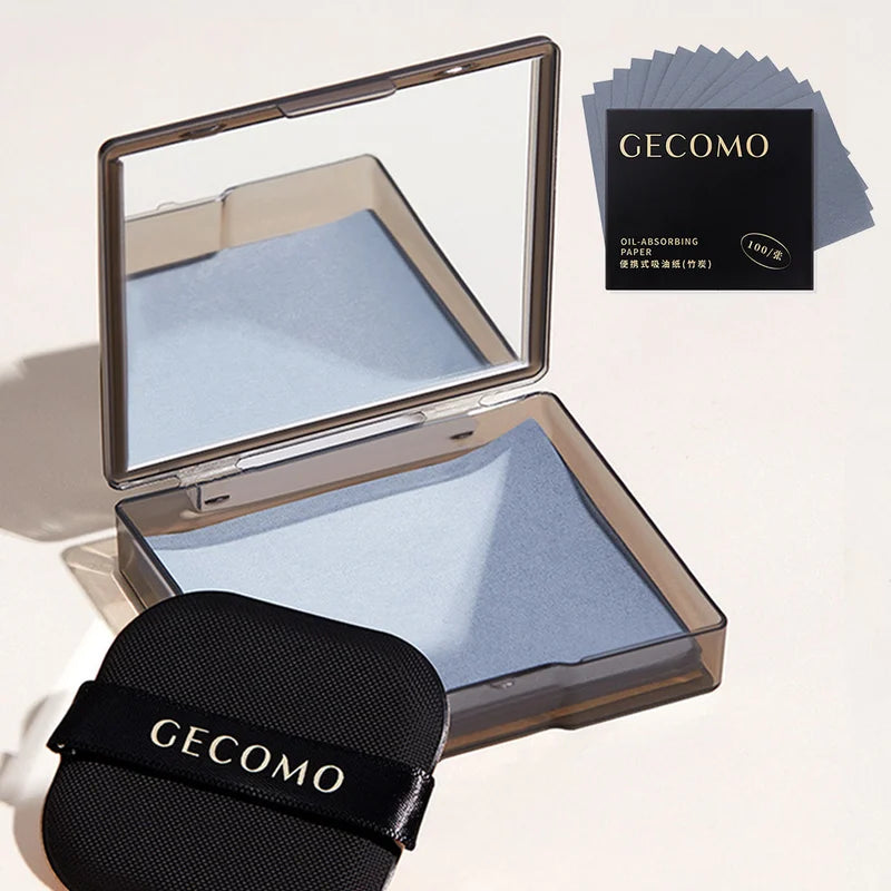 Oil Control Blotting Sheets with Case & Powder Puff - Bamboo Charcoal Face Sheets for Oily Skin