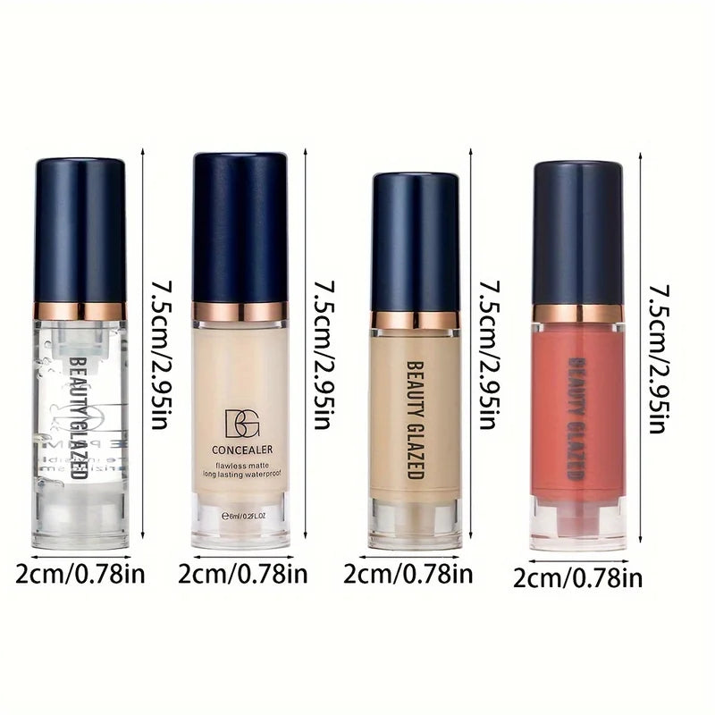4-Piece Makeup Set Primer Concealer Liquid Foundation & Blush Waterproof Face Makeup Kit