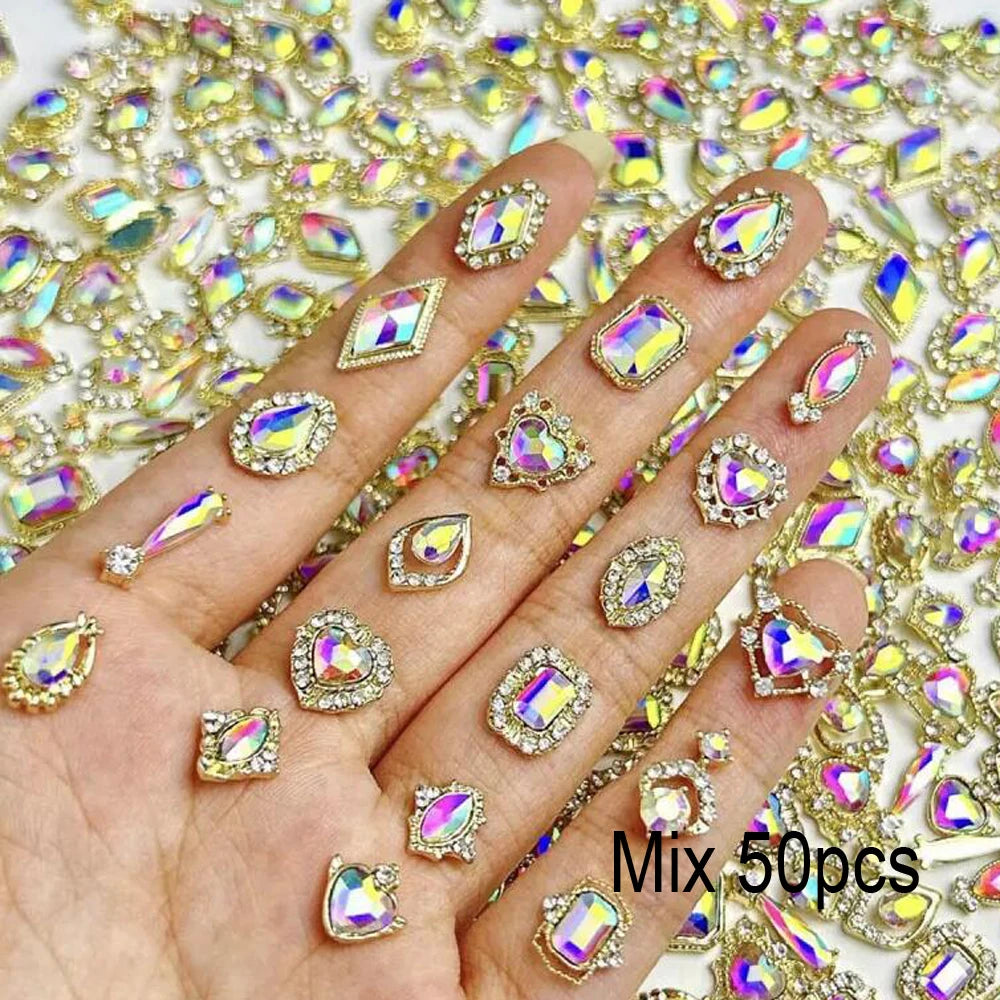 50Pcs 3D Mixed Luxury AB Alloy Nail Art Charms for Manicure & Crafts