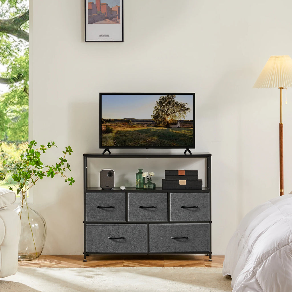 MCQ TV Stand Dresser with Fabric Storage Drawers - Compact Media Console for Bedroom Living Room or Dorm