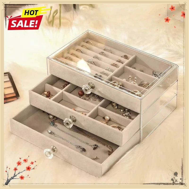 Large Capacity Jewelry Storage Box with 3 Dustproof Drawers for Earrings Rings Bracelets