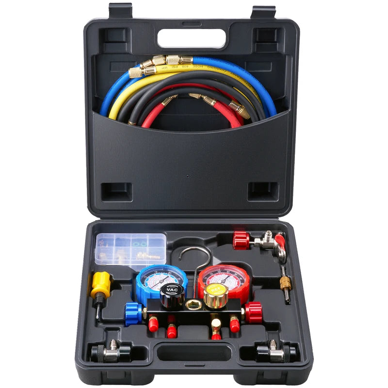 4-Way AC Manifold Gauge Set with 5ft Hoses for R134A R22 R12 R410A Refrigerant Charging