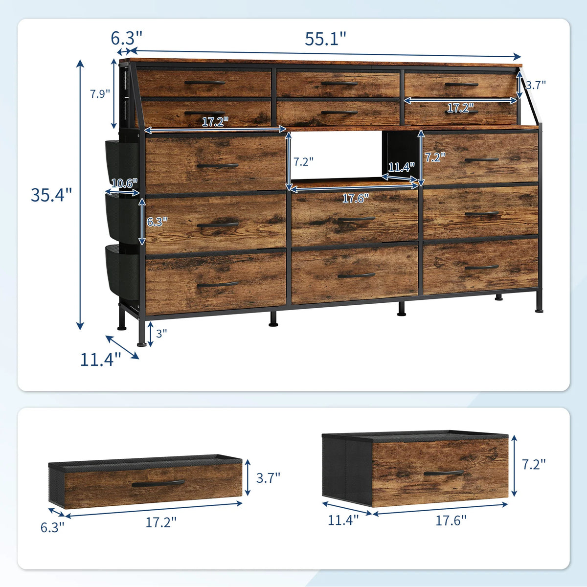 14-Drawer Storage Dresser & TV Stand with Shelves - Wide Fabric & Wood Chest for Bedroom & Living Room