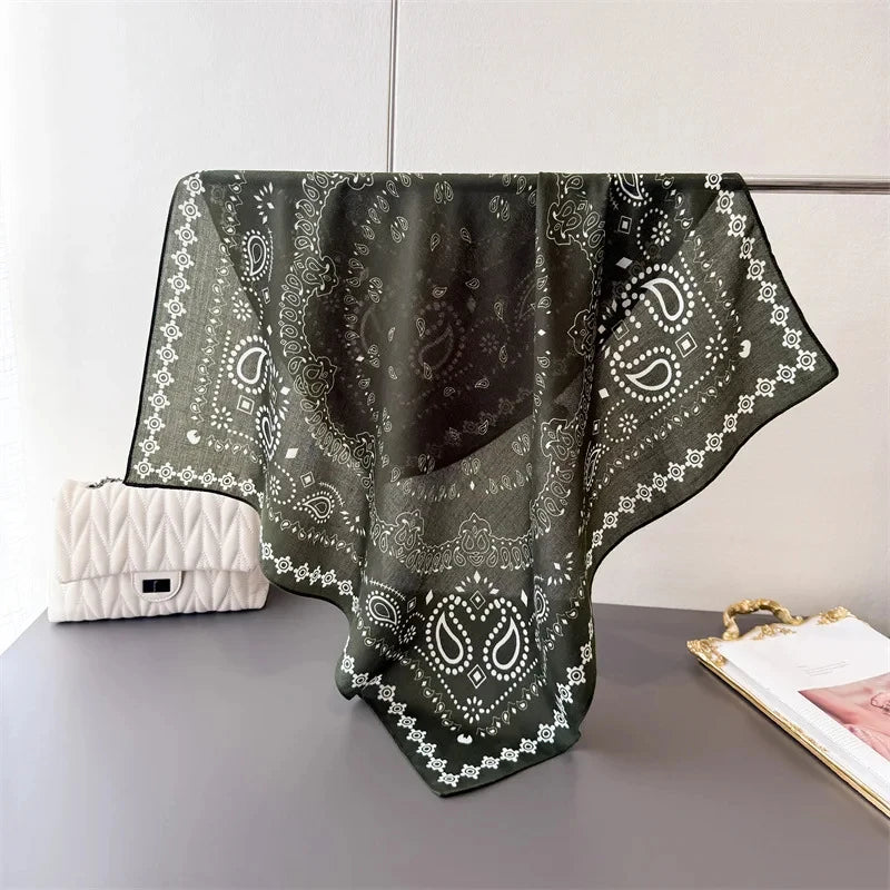 Green Cashew Flower Print Square Scarf Women's Breathable Silk-Feel Fashion Accessory