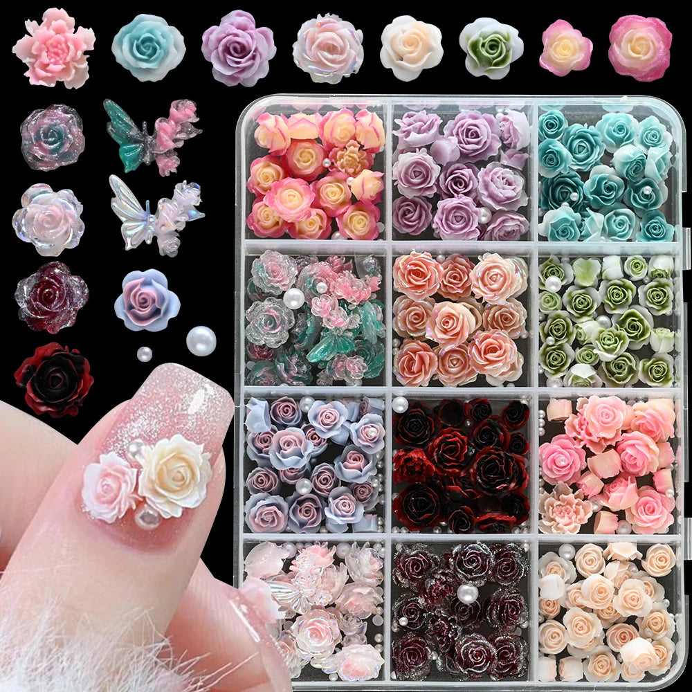 12-Grid 3D Floral Butterfly Pearl Nail Art Charms for DIY Manicure Decorations