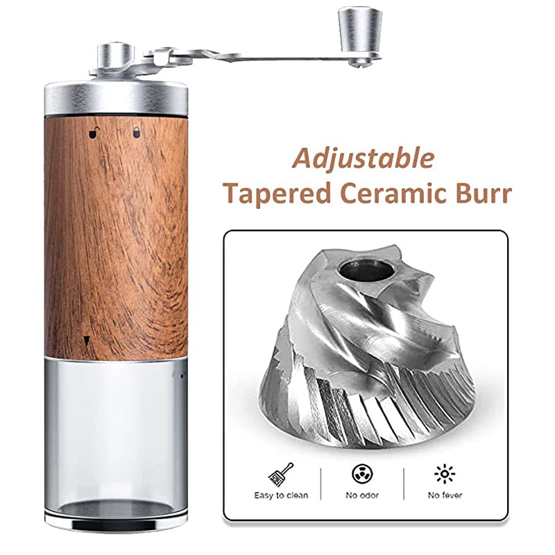 Portable Wood Grain Stainless Steel Hand Coffee Grinder with Adjustable Coarseness