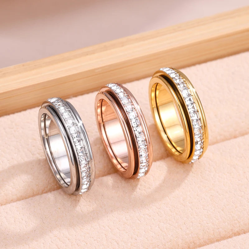 Stainless Steel Zirconia Spinner Rings for Anxiety Relief - Women & Men Jewelry Gift