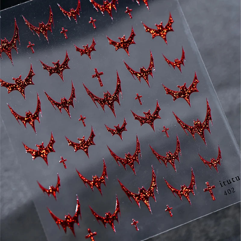 Halloween Red Bat Nail Art Stickers for French Design DIY Embossed Glitter Decals