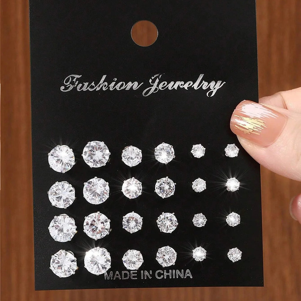 12 Pairs Cubic Zirconia Stud Earrings Set