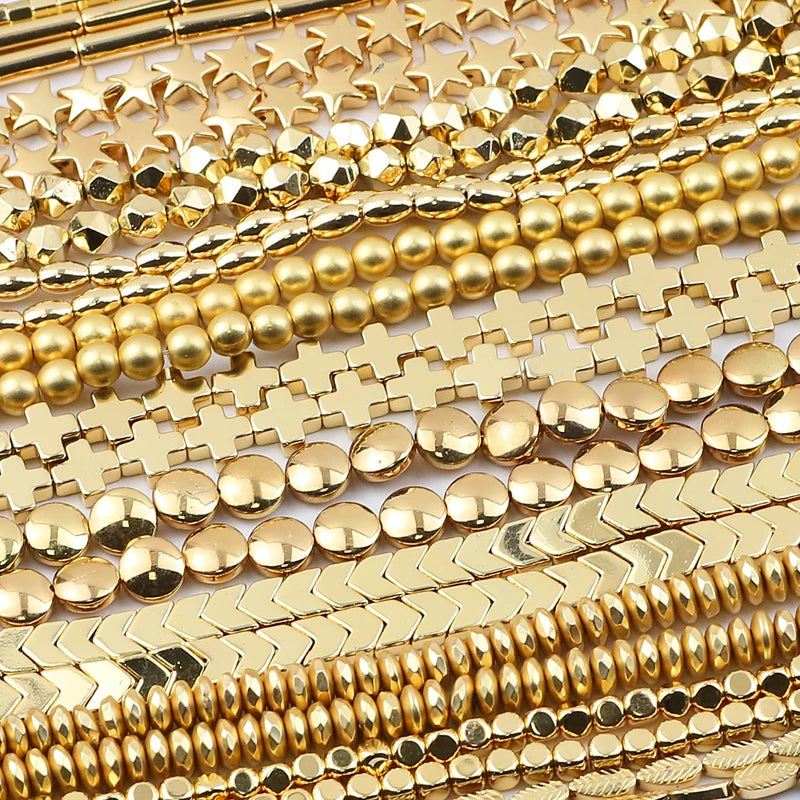 Natural Hematite Beads for Jewelry Making - 14k Gold Plated Spacer Beads, Round Star & Heart Shapes