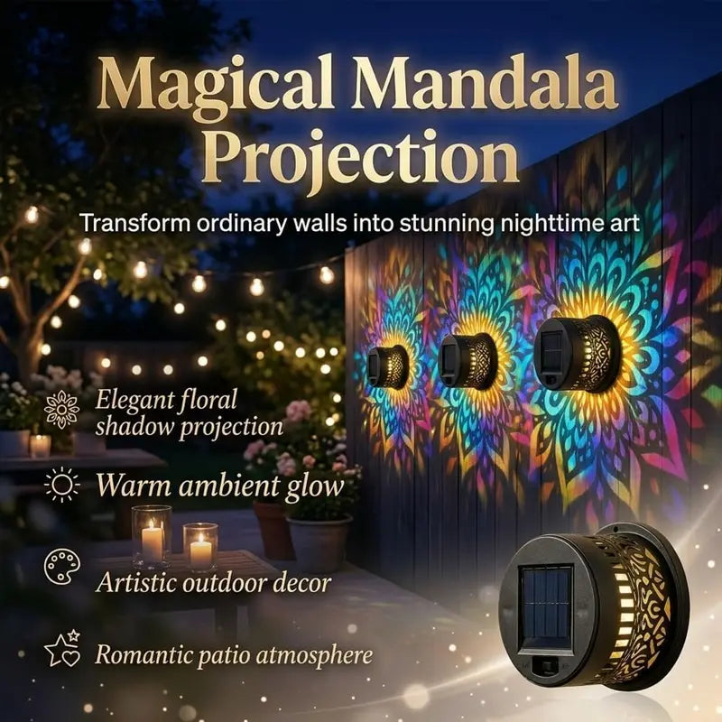 Solar Mandala Wall Light Outdoor Garden Fence Projector Lamp Waterproof Decor