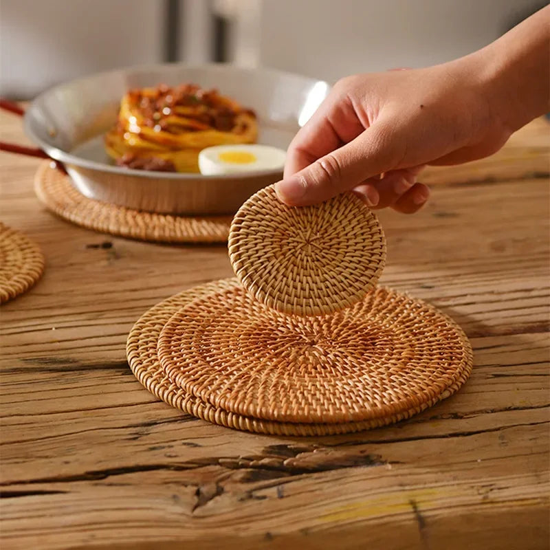 Rattan Cup Coasters Set 6 Pcs Drink Placemat for Tea & Tableware