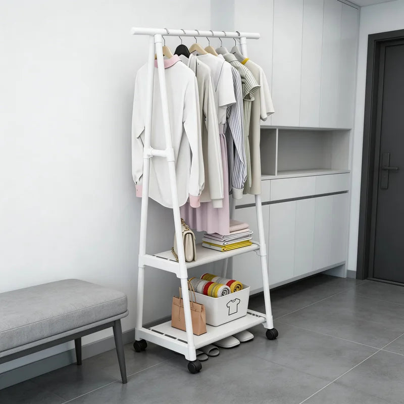 Multifunctional Movable Coat Rack Stand with Shelves Space-Saving Clothes Organizer