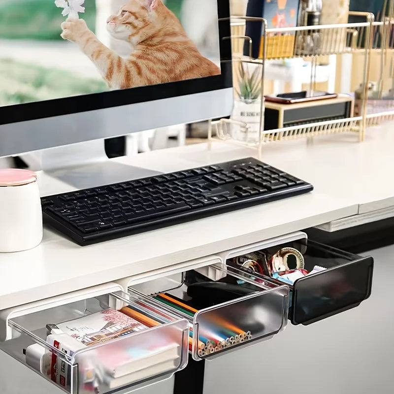 Under-Desk Pull-Out Drawer Storage Box - No-Drill Invisible Organizer
