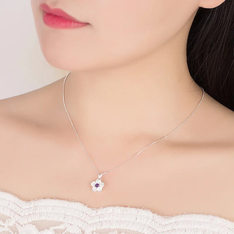 Sterling Silver Pink Purple Peach Blossom Necklace for Women Luxury Jewelry
