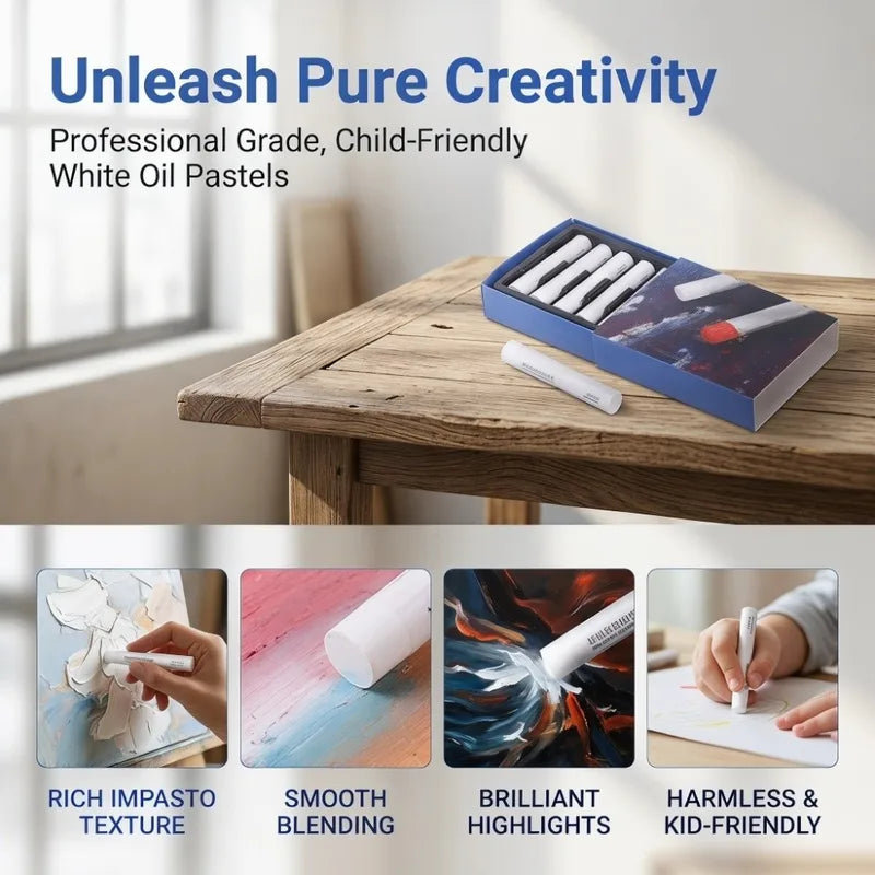 6 Pack White Oil Pastels - Soft, Non-Toxic Art Pastel Sticks for Drawing & Coloring