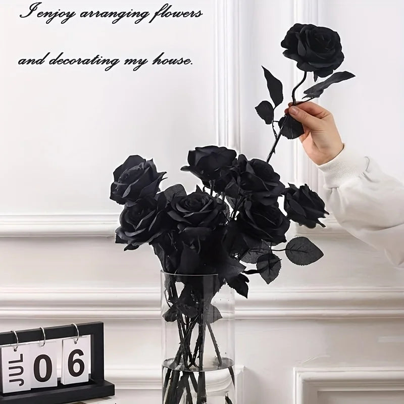 Artificial Black Roses Fake Flowers Long Stem Set for Halloween Wedding Home Decor