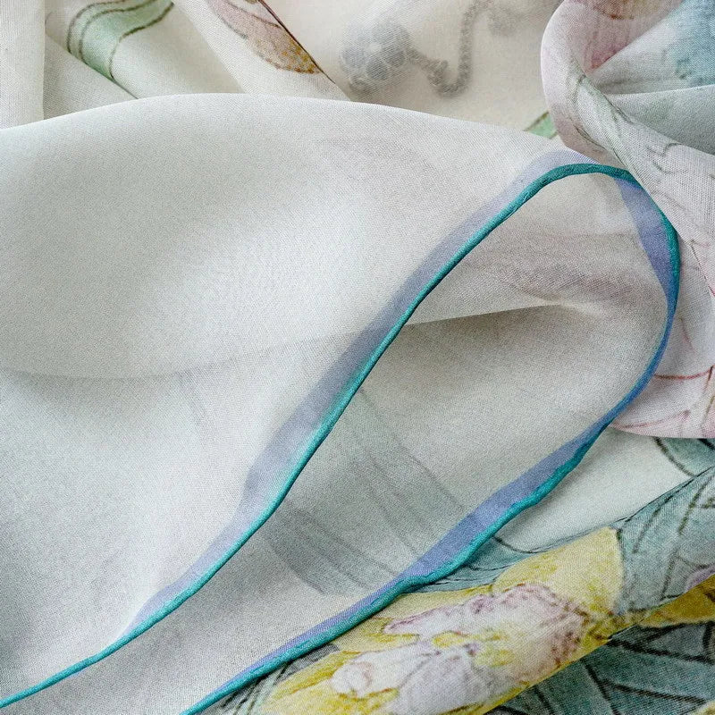 Lightweight Floral Silk Chiffon Scarf for Women - Summer Sun Protection Wrap