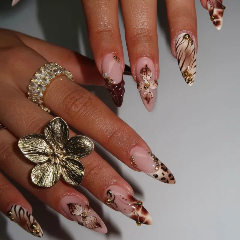 Gradient Nude & Brown Fake Nails Set with Flowers Rhinestones - Fall Winter Almond Tips, Press On Nail Art
