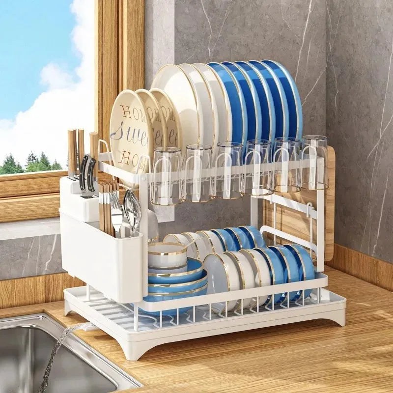 Multifunctional Double-Layer Dish Rack for Kitchen Tableware Storage
