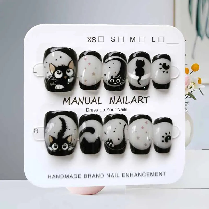 10-Pack Cute Cartoon Black Cat Geometric Nail Art Stickers for Fake Nails