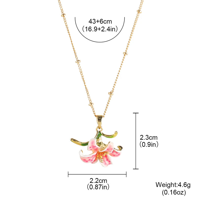 Pink Lily Flower Pendant Necklace for Women - Gold Plated Floral Charm Jewelry