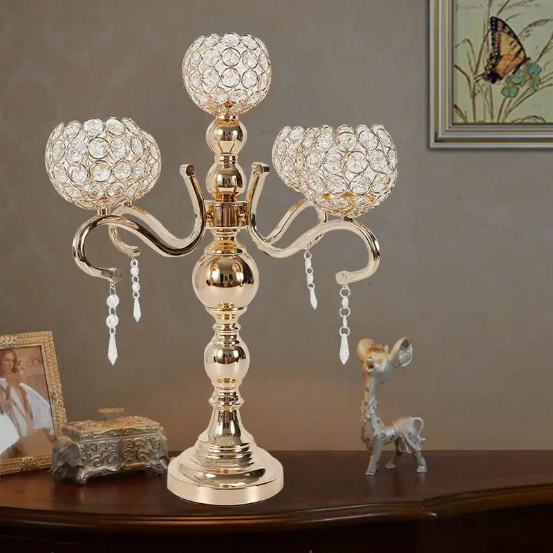 Gold Plated 5-Arm Crystal Candle Holder Tabletop Candelabra for Wedding & Home Decor