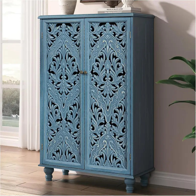47-Inch Tall Accent Cabinet with Doors & Storage - Blue