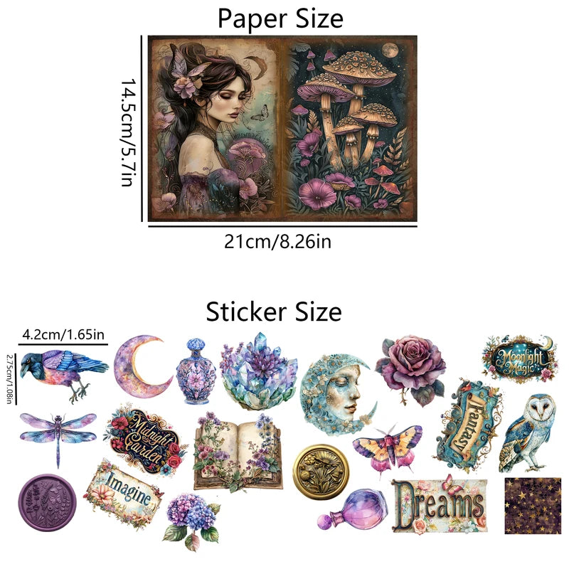 52Pcs Gothic Midnight Garden Scrapbook Paper & Sticker Set for Arts Crafts & Holiday Projects