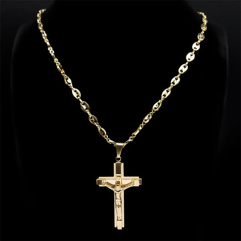 Christian Jesus Cross Pendant Necklace for Men Women Stainless Steel Gold Chain