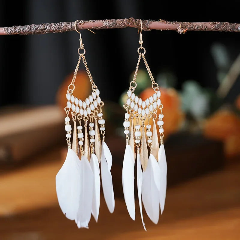 Bohemian Ethnic Feather Dangle Earrings for Women - Colorful Beaded Tassel Drop Jewelry