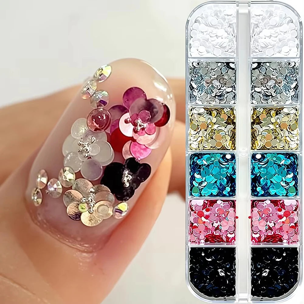 3D Flower & Polka Dot Nail Art Sequins Set - Multiple Colors, 12 Grids, 1-3mm Glitter Flakes for Manicure
