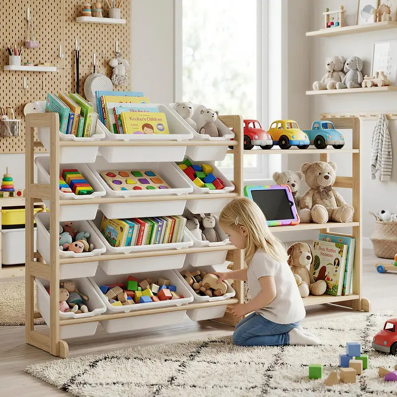 Kids Toy Storage Organizer with 12 Bins and Open Shelves - 56-Inch Wooden Bookcase
